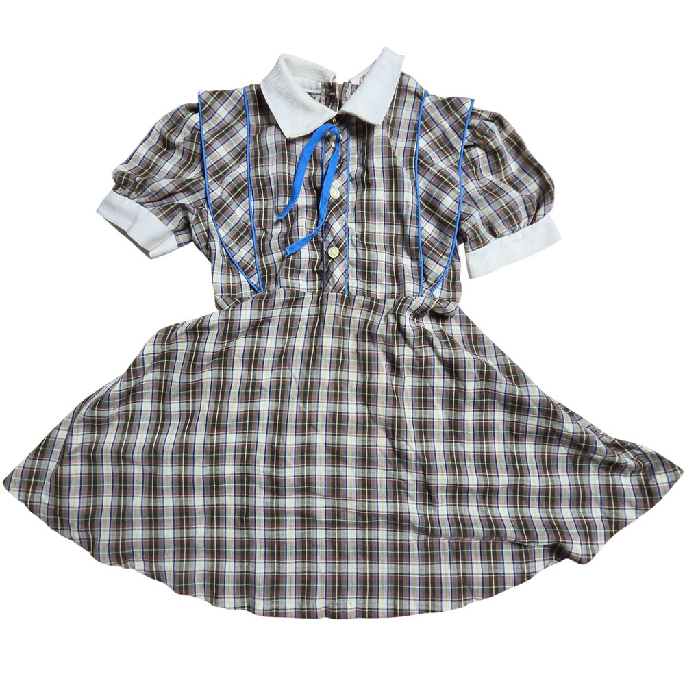 Vintage Toddler Girls Plaid Dress 4T Peter Pan Collar Short Sleeve Cottagecore